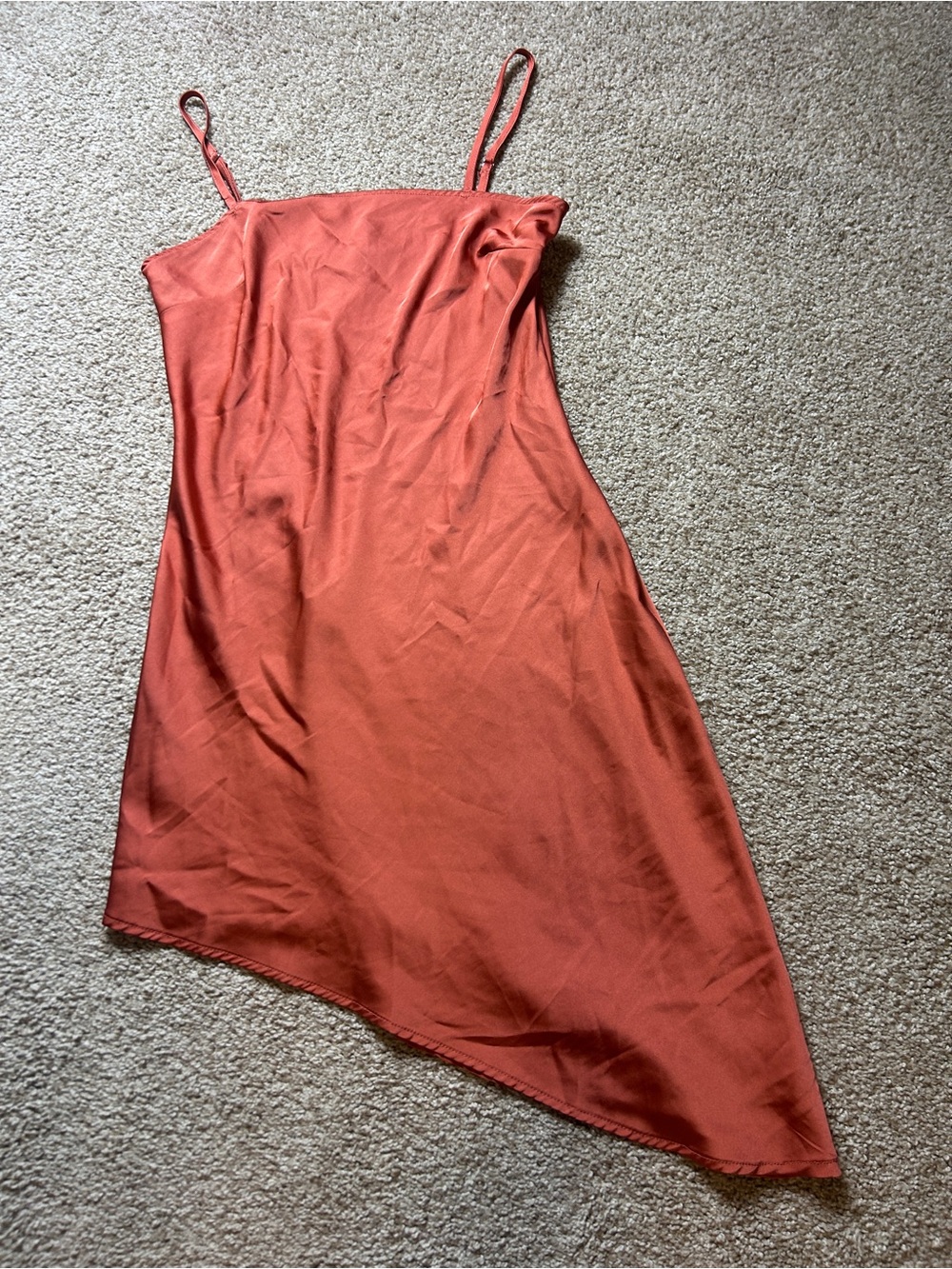 Forever 21 Women's Rust Orange Satin Slip Dress Size Small Asymmetrical
